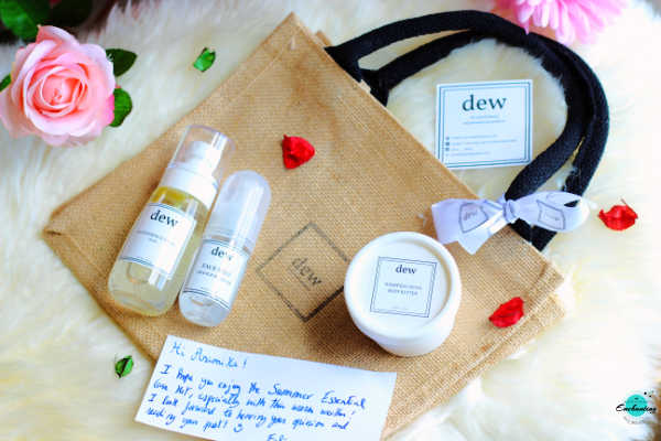 dew summer essential care kit review.Review of Dew rose hair essence, orange blossom face mist, cocoa body butter for dry skin honest review. 