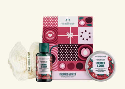 The Body Shop® Limited Edition Cherries & Cheer Mini Skincare gift set. Christmas gift guide for her 2023. top 17 best beauty gift ideas for women. 