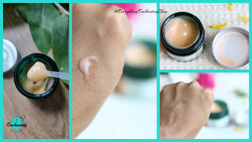 A collage of four images illustrating the texture and application of The Body Shop Vitamin C Glow Boosting Moisturiser. The top right image shows the open jar with the light orange-hued product inside and on the lid. The top left image shows a small spatula scooping the product from the jar. The middle left image shows a dollop of the moisturizer applied to skin on a hand. The bottom right image shows the moisturizer blended into the skin.