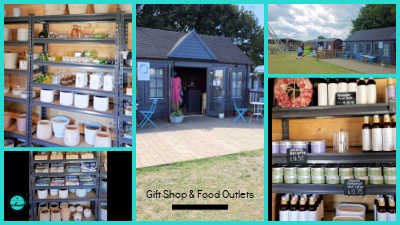 A collage of six images detailing the visitor amenities at Hitchin Lavender Farm, including views of various shelves stocked with lavender products, a dark-painted gift shop building, and an outdoor area with distant play structures.