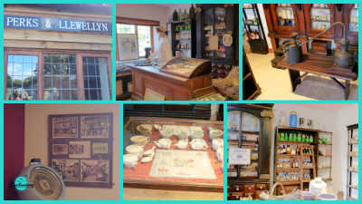 A collage of six images from the Perks & Llewellyn Museum. The images show the exterior sign, a person standing inside a historical shop display with wooden counters and shelves, antique scientific or pharmaceutical equipment, framed historical photos on a wall, a display case with porcelain items, and wooden shelves filled with bottles in a traditional shop setting.