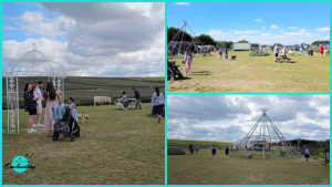 A collage of three images showcasing the main field area at Hitchin Lavender Farm. The left panel shows a white archway with people gathered nearby and lavender fields in the background. The top right panel depicts a grassy field with various visitors and farm structures in the distance. The bottom right panel features a large tepee-like structure in an open field, with people walking around.