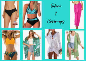 A collage of six images showcasing various women's bikini bottoms, two-piece swimsuits, and beach cover-ups in different styles and colors, with text "Bikini & Cover-ups" in the top right quadrant.