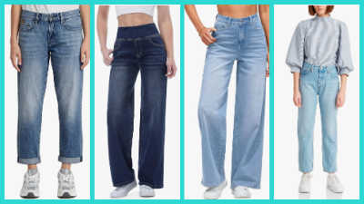 A collage of four different pairs of women's jeans: a light wash boyfriend jean with cuffs, a dark wash high-waisted wide-leg jean, a light wash extra-wide-leg jean, and a light blue regular fit jean.