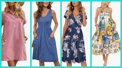 A collage of four women's summer dresses: a pink short-sleeved collared tunic dress, a blue sleeveless V-neck button-front dress with pockets, a navy blue floral print V-neck midi dress, and a colorful strapless maxi dress with a vibrant pattern.