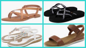 A collage of four different pairs of women's summer sandals: a brown strappy flat sandal, black Teva flip-flops with patterned straps, white thong sandals with colorful beaded embellishments, and brown wedge sandals with an ankle strap.