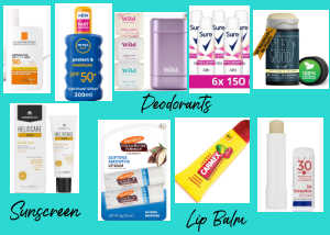 A collage of various summer skincare products for women, divided into three categories: "Sunscreen" features bottles of La Roche-Posay, Nivea Sun, and Heliocare. "Deodorants" shows Wild refillable deodorants and Sure antiperspirant sprays. "Lip Balm" includes Palmer's Cocoa Butter, Carmex, and Ultrasun lip protection.
