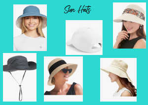 A collage of various women's sun hats and a cap, with the text "Sun Hats" at the top. It features a woman wearing a light blue wide-brimmed bucket hat, a white baseball cap, a woman wearing a cream-colored sun hat with a patterned band, a grey boonie hat with a chin strap, a woman wearing a straw sun hat with a black band, and a woman wearing a cream-colored wide-brimmed sun hat.