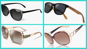 A collage of four different pairs of women's sunglasses: a black cat-eye style, a pair with dark lenses and wooden arms, an oversized square frame with a patterned beige and brown design, and a large round frame with a subtle pattern and chain-link detail on the arms.