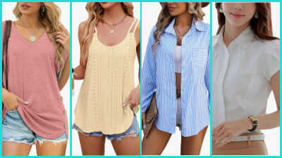 A collage of four different women's tops suitable for summer: a pink V-neck t-shirt, a cream-colored knit camisole, a blue and white striped button-down shirt worn open over a white top, and a white short-sleeved collared blouse.