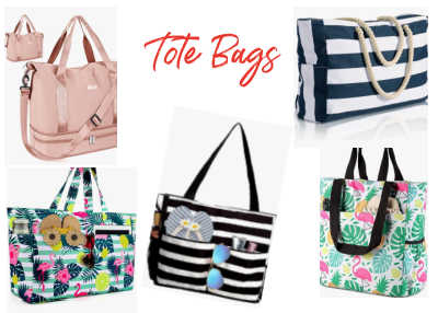 A collage of five different women's tote bags, with the text "Tote Bags" in red script at the top. The bags include a blush pink convertible tote, a navy and white striped canvas bag with rope handles, a white and green tropical print bag with flamingos and palm leaves, a black and white striped tote with external pockets, and another white and green tropical print bag with flamingos.