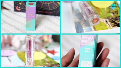 A four-panel collage showcasing the packaging of the Hola Neon Lipstick Balm in the shade "Call Me." The top left and bottom right panels show the lipstick's turquoise and lavender paper box, while the top right and bottom left panels display the clear and metallic pink lipstick tube itself.