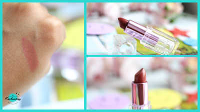 
A three-panel collage reviewing the Hola Neon Lipstick Balm in the shade "Call Me." The left panel shows a swatch of the brownish-nude color on a person's hand. The two right panels are close-up shots of the lipstick in its clear and pink metallic tube, highlighting the texture and color of the product itself.