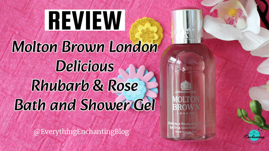 Molton Brown London Delicious Rhubarb & Rose Bath and Shower Gel review flatlay with pink textured background, decorative flowers and product bottle, featured on Everything Enchanting blog.