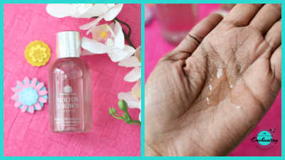
A side-by-side image shows two different photos. On the left, a bottle of Molton Brown Delicious Rhubarb & Rose bath and shower gel is on a bright pink surface with two small decorative flowers and a white orchid in the background. On the right, a hand is cupped, showing the clear, gel-like texture of the product.