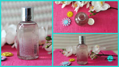 A three-part image shows a Molton Brown Delicious Rhubarb & Rose bath and shower gel bottle from different angles. The main image on the left is a close-up of the bottle. The top right image shows the bottle with its lid off, and the bottom right image shows the bottle at a slightly different angle, with decorative flowers and a white orchid in the background. Featured on everything enchanting blog.