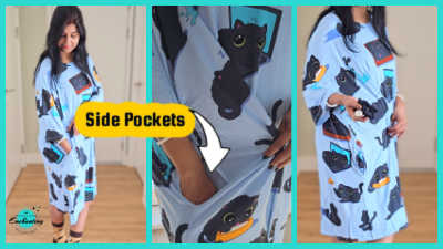 A two-image composition showcasing the Oodie Black Cat Sleep Tee. The left side features UK blogger Anamika wearing the light blue, oversized sleep tee with a black cat print, smiling at the camera and highlighting the roomy fit. The right side is a three-panel image demonstrating the functionality of the side pockets, with a close-up shot showing a hand reaching into the pocket and a text overlay reading "Side Pockets".