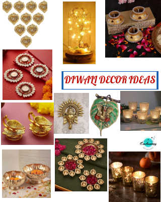 A collage of Diwali decor ideas, including multiple images of traditional items. The items shown are: a set of heart-shaped golden diya (oil lamp) holders; a jar filled with string lights and a small diya; gold and white tea light holders on a bed of rose petals; red and white floral-shaped floating diya holders; two small golden tea cups and saucers; a golden wall hanging featuring the Hindu Goddess Durga; a keychain or charm with the Hindu God Ganesha seated on a green leaf; clusters of clear glass tea light holders; golden metal bowls; a traditional flower and diya rangoli arrangement on a green cloth; and mercury glass votive candles. A banner across the center reads: "DIWALI DECOR IDEAS".