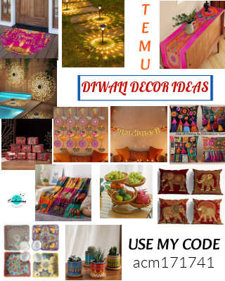 A collage of Diwali decor and gift ideas, with a central banner reading "DIWALI DECOR IDEAS" and the text "TEMU" and "USE MY CODE acm171741". The images feature: a vibrant pink and gold welcome mat; solar-powered ground lights casting decorative patterns; a colorful table runner; intricate gold mandala wall hangings near a pool; festive red storage boxes; a diya and marigold garland wall decoration; an orange and gold "Shubh Labh" banner above a sofa; embroidered tassel cushion covers; a bright, multi-colored patterned throw blanket; a three-tiered fruit basket; red cushion covers with embroidered elephants; multi-colored dinner plates and bowls with intricate designs; and small, brightly painted planters with succulents.