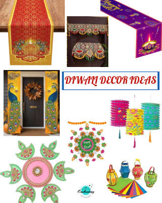 A collage of colorful Diwali decor ideas. The images feature: a red and gold patterned table runner with a diya design; a vibrant purple table runner that reads "Happy Diwali"; two elaborate, beaded, and embroidered door valances or torans; a front door decorated with two tall peacock-themed fabric banners on either side of the door and a wreath; a central banner reading "DIWALI DECOR IDEAS"; a pink and green beaded floor rangoli mat; a green, white, and pink wall hanging rangoli with a "Happy Diwali" center; and a set of bright, multi-colored hanging paper lanterns (both cylindrical and traditional lantern shapes).