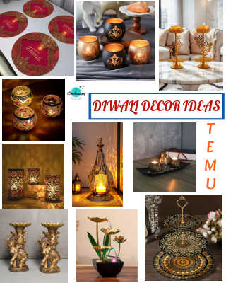 A collage of Diwali decor ideas with a central banner reading "DIWALI DECOR IDEAS" and the text "TEMU" along the right side. The images feature: round red and gold table placemats with "Happy Diwali" text; black and gold votive holders; a pair of tall, golden metal diya stands with intricate designs; round, painted glass candle holders; square, intricately patterned lanterns casting warm light; a close-up of two bronze-colored elephant candle holders; a tall, ornate metal lantern with a lit candle inside; a dark rectangular tray holding three candles; a small tabletop water fountain with golden lotus flowers; and a two-tiered golden and black serving tray with matching round table mats.