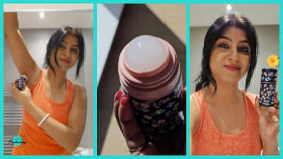 A collage of three images: a woman applying the Wild roll-on deodorant to her underarm; a close-up of the clear deodorant gel on the pink roll-on ball; and the woman holding the dark floral reusable deodorant case.