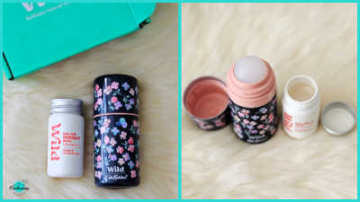 A two-panel collage showing the Wild roll-on deodorant system: the left panel shows the white Honey & Cactus Refill next to the assembled dark floral 'Marble Ditsy' Cath Kidston reusable case; the right panel shows the case disassembled with the refill bottle and silver cap removed.