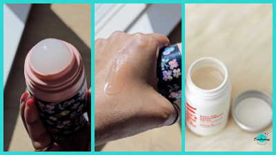 A collage of three images showing the Wild roll-on deodorant: the first shows the clear gel texture on the roll-on ball; the second shows the clear gel applied to a hand; and the third shows the empty refill bottle after use.