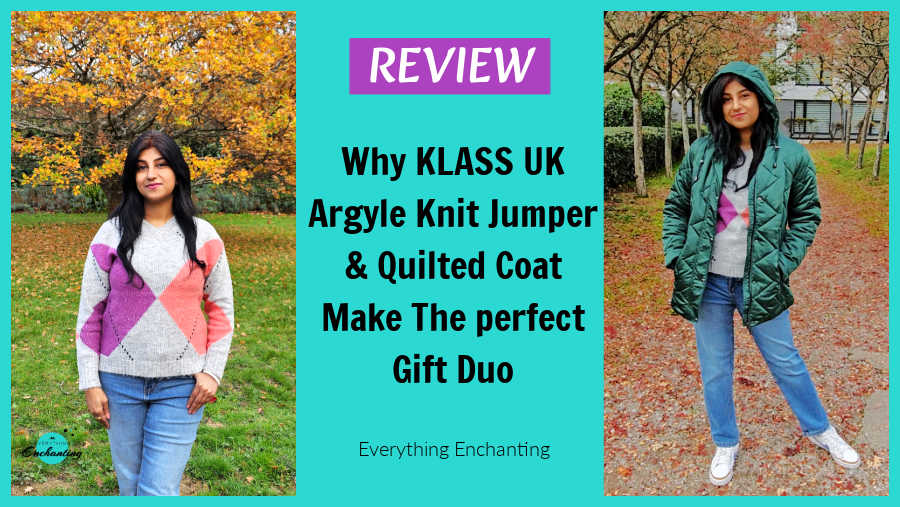 UK blogger Anamika from Everything Enchanting wearing a Klass UK Argyle Knit Jumper in grey-berry and Hooded Zig Zag Quilted Coat in forest green, showcasing stylish winter fashion and festive gifting ideas in a cozy outdoor setting. Review of Klass UK jumper & quilted coat.