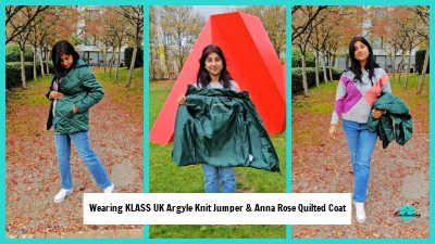 A three-panel collage showcasing a woman modeling a casual autumn outfit. The left panel shows her wearing a dark forest green, zig-zag quilted, hooded coat over a grey argyle knit jumper and blue jeans. The center panel shows her holding the coat open, revealing the grey and colorful argyle jumper underneath, standing in front of a large red architectural structure. The right panel shows her holding the coat draped over one arm, clearly displaying the purple and pink argyle diamond pattern of the jumper. Text across the bottom banner reads: "Wearing KLASS UK Argyle Knit Jumper & Anna Rose Quilted Coat.