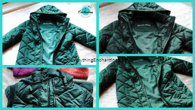 A four-panel collage showing close-up details of a dark forest green hooded quilted coat. The panels highlight the geometric zig-zag quilting pattern, the metal snap buttons and zipper, the coat's smooth lining, and the 'Anna Rose' brand label visible inside the neck. A corner of a pink and purple knit garment is visible in one of the panels.