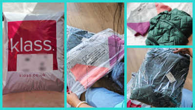 A collage of four images documenting the shipping and unpacking of clothing items. The main image on the left shows a large, bright pink and white Klass brand shipping bag. The other three smaller panels show the grey argyle knit jumper and the dark green quilted coat sealed in plastic packaging, with tags visible, suggesting they have just been delivered.
