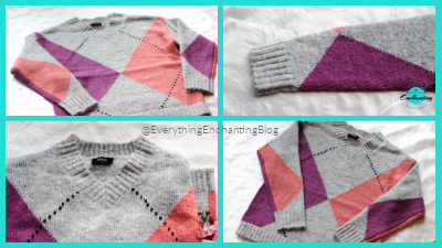 A four-panel collage showing close-up details of a light grey V-neck argyle knit jumper. The panels highlight the colorful pattern of magenta-purple and coral-pink diamonds, the textured, slightly fuzzy yarn, the black dotted lines of the argyle design, and the ribbed knit on the neckline and cuffs.