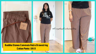 A triptych showing a pair of sienna brown cotton pants. The left panel shows the folded pants with a drawstring and the 'Buddha Stones' tag. The center panel shows a woman standing and modeling the pants with a black t-shirt. The right panel is a close-up of the woman modeling the pants and a white bracelet. Text on the image reads