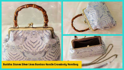 A triptych showing a light blue and white patterned handbag with a structured bamboo top handle and a gold-colored clasp. The large left panel shows the full front of the handbag, highlighting the pattern. The top right panel shows the bag partially open, held by the bamboo handle. The bottom right panel shows the bag open, revealing the dark interior and a detachable gold chain strap. The text on the image reads:
