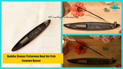 A triptych showing a dark-colored, boat-shaped incense burner. The left panel shows the unlit burner with a central patterned section and koi fish designs. The top right panel shows the burner in use with a stick of incense lit, surrounded by floral decorations. The bottom right panel is a close-up of the lit incense stick in the burner, with the smoke rising. The text on the image reads: