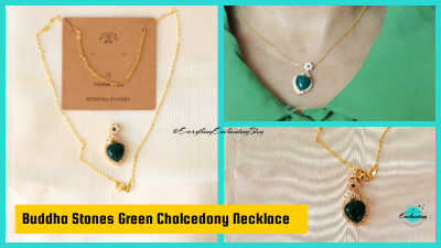 A triptych showing a gold-plated necklace with a dark green, heart-shaped chalcedony pendant. The left panel shows the necklace laid out on a white surface with the pendant resting on a brown display card. The top right panel is a close-up of a woman wearing the necklace against a green top, showing the small rhinestone detail above the green stone. The bottom right panel shows another close-up of the pendant detail. Text on the image reads: