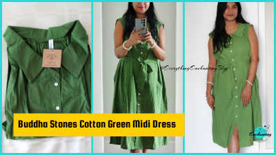 A triptych showing a sleeveless green cotton midi dress with white buttons and a wide collar. The left panel shows the dress folded with the collar prominently displayed and a brown tag visible. The center panel shows a woman modeling the dress, looking into a mirror and taking a photo with a smartphone. The right panel is a full-body view of the woman modeling the dress, showing its mid-calf length and A-line silhouette. The text on the image reads: