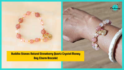 A triptych showing a beaded bracelet made of natural strawberry quartz crystals. The left panel shows the bracelet laid out on a beige surface, featuring pink and clear beads and a gold-colored, heart-shaped 'money bag' charm. The two right panels are close-ups of a wrist wearing the bracelet, showing the varying sizes and shades of the pink crystal beads and the small golden charm. The text on the image reads: