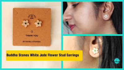 A triptych showing a pair of small, white flower-shaped stud earrings. The left panel shows the earrings mounted on a brown 'Thank You' display card from Buddha Stones. The studs have white jade petals and a small dark center. The two right panels are close-up shots of a woman wearing the white flower earrings on her earlobe. The text on the image reads: