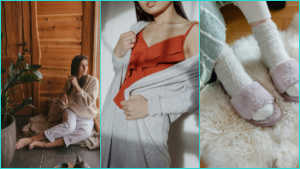 A collage of three vertical images focused on winter wellness and cozy fashion.

Left Image: A woman sits comfortably on the floor of a rustic, wood-paneled room next to a potted plant, wearing a beige sweater and white trousers.

Middle Image: A close-up of a person wearing a bright orange satin top layered under a soft, light-grey cardigan.

Right Image: A top-down view of feet wearing thick, white knit socks and fuzzy light-purple slippers, resting on a white shag rug.
