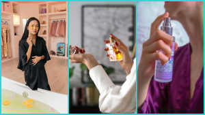 This image is a collage composed of three vertical panels illustrating various self-care and fragrance routines:

Left Panel: A woman in a black silk robe stands in an organized walk-in closet. She is wearing gold under-eye patches and holding a facial roller to her cheek. In the foreground, a white bathtub is visible, filled with water and floating orange slices.

Middle Panel: A person wearing a white long-sleeved shirt is seen from the shoulders down, holding a rectangular glass perfume bottle. They are in the process of spraying the fragrance onto their opposite wrist.

Right Panel: A close-up shot of a person wearing a purple robe. They are holding a tall, frosted purple spray bottle close to their neck and face, appearing to mist themselves with a facial spray or perfume.