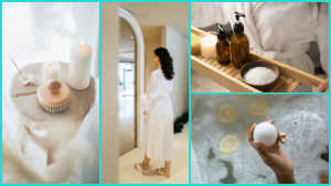 This image is a collage composed of four vertical and horizontal panels showcasing various winter self-care and bathing rituals:

Left Panel: A soft-focus, vertical shot of a wooden stool holding lit white pillar candles, an incense stick, and a round wooden dry body brush.

Middle Panel: A vertical shot of a person in a white robe standing in a brightly lit, minimalist arched doorway, looking into a serene room.

Top Right Panel: A horizontal shot of a wooden bathtub caddy holding amber glass bottles, a lit candle, and a small wooden bowl filled with white bath salts.

Bottom Right Panel: A horizontal close-up shot of a hand holding a white bath bomb over steaming bathwater that has lemon slices floating in it.