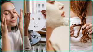 This image is a collage composed of four vertical panels illustrating various skincare and haircare routines:

First Panel: A close-up of a person with eyes closed, gently massaging their face with their fingertips.

Second Panel: A person's hands holding up a white sheet mask in front of a window, preparing to apply it.

Third Panel: A close-up profile of a person's face being covered with a thick, white cream or clay mask using a soft brush.

Fourth Panel: A view from behind of a person with long reddish-brown hair, wearing a white towel and braiding their hair.