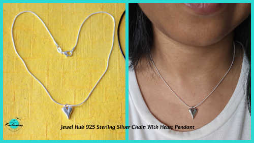 A split-screen product image showcasing a Jewel Hub 925 sterling silver jewelry set. The left side features a sleek silver snake chain arranged in a heart shape on a yellow background, while the right side shows a close-up of a person wearing the same necklace with a polished, puffed heart-shaped pendant.