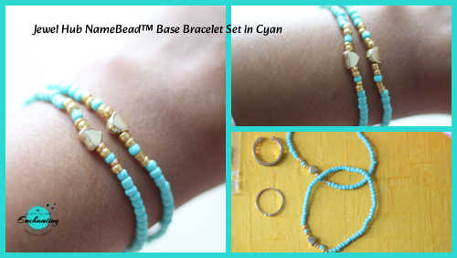 A three-panel collage showcasing the Jewel Hub NameBead™ Base Bracelet Set in Cyan. The large left panel provides a close-up of two slender bracelets worn on a wrist, featuring opaque turquoise seed beads, gold metallic spacers, and polished gold heart charms. The top-right panel shows a detailed side view of the beads, and the bottom-right panel displays the bracelets laid flat on a yellow surface alongside gold-plated rings.