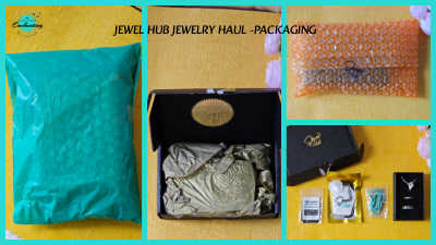 A collage of four images showcasing the Jewel Hub jewelry parcel and its inner packaging layers. The far-left panel displays a bright turquoise outer mailing bag. The central panel shows an open black gift box containing items wrapped in gold tissue paper with a gold serrated brand seal. The top-right panel features an orange bubble mailer with unique heart-shaped bubbles and a clear script logo sticker. The bottom-right panel shows the complete unboxed haul, including branded boxes, pouches, and jewelry items.