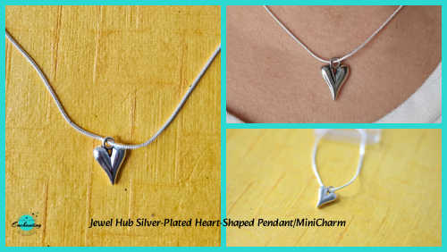 A product collage featuring the Jewel Hub Stylised Heart MiniCharm. The main left image shows the polished, asymmetrical silver-plated heart pendant resting on a textured yellow background. Two smaller images on the right show the charm from different angles, highlighting its three-dimensional 