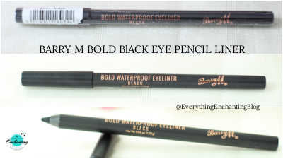 A three-part vertical collage showcasing the packaging of the Barry M Bold Waterproof Eyeliner in black.

Top: The eyeliner pencil shown in its clear plastic safety seal with a white barcode sticker.

Middle: The uncapped black pencil displaying the 
