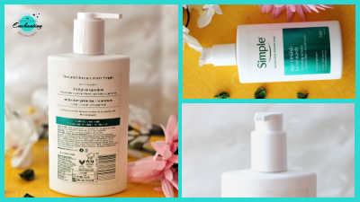 Collage showing three views of the Simple Age Resist+ Facial Wash packaging: a full view of the back label with ingredients, the front of the bottle with its teal design on a yellow floral background, and a close-up of the white pump dispenser.